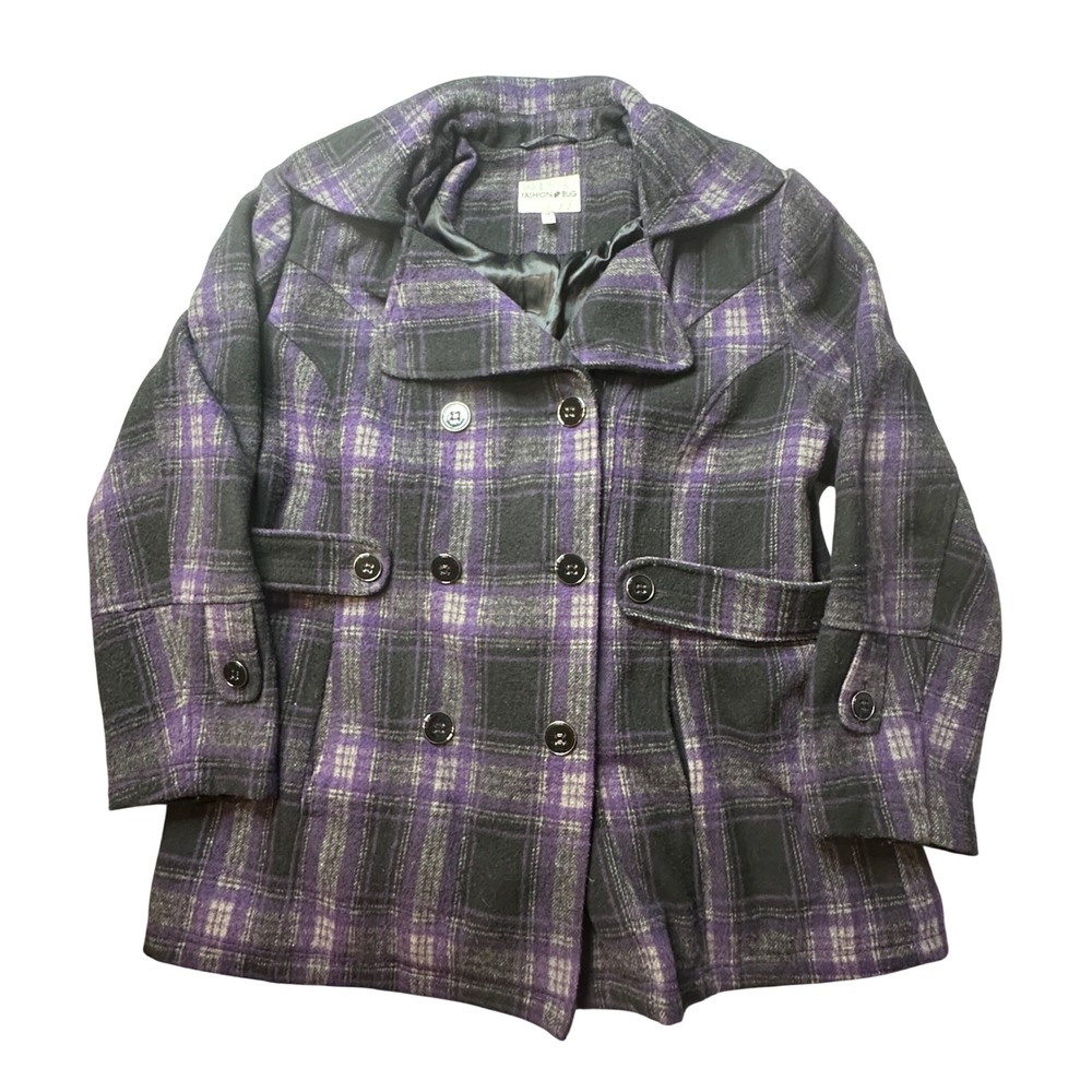 Fashion Bug Pea Coat Womens‎ 1X Purple Plaid Double Breasted Wool Blend Jacket
